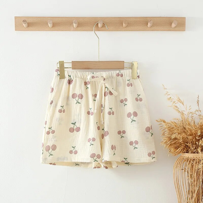 Spausdinti medvilniniai moteriški šortai Vasariniai plono audinio šoninės kišenės ir juosmens raišteliai trumpos kelnės Šaunios namų moteriškos miegui skirtos kelnės