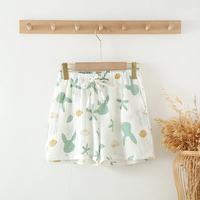 Spausdinti medvilniniai moteriški šortai Vasariniai plono audinio šoninės kišenės ir juosmens raišteliai trumpos kelnės Šaunios namų moteriškos miegui skirtos kelnės