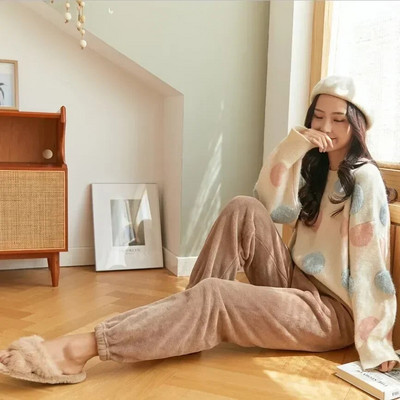 Dėvėkite kelnes laisvalaikio storos moteriškos šiltos moteriškos miegui Flanelės namų kelnės apatinės žiemos poilsio pižamos koralų vilnos