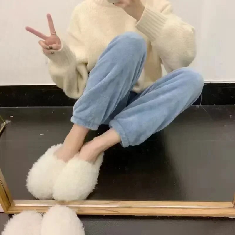 Dėvėkite kelnes laisvalaikio storos moteriškos šiltos moteriškos miegui Flanelės namų kelnės apatinės žiemos poilsio pižamos koralų vilnos