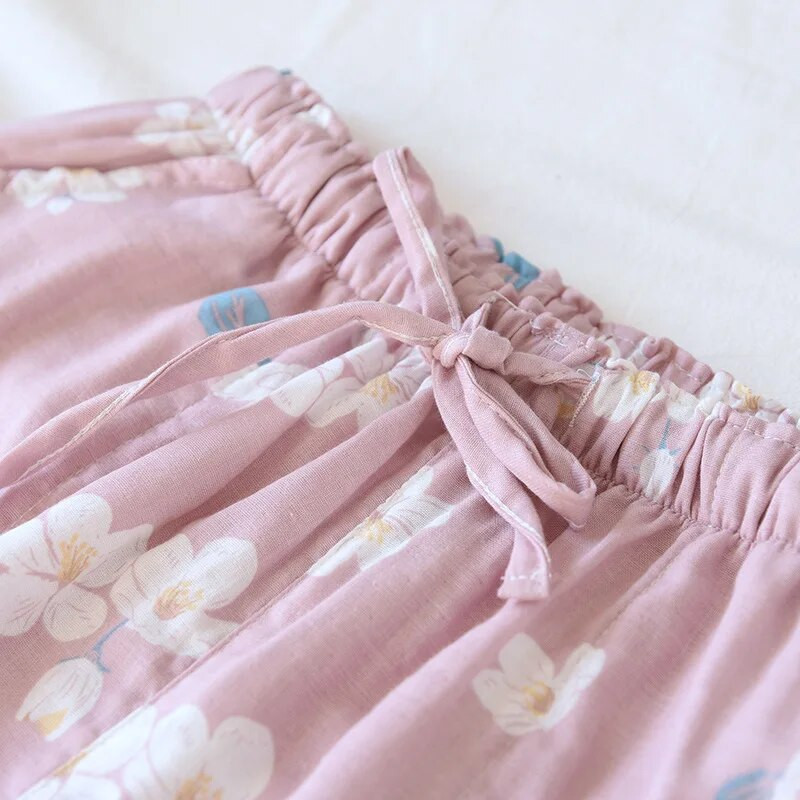 Ženske ljetne tanke donje hlače za spavanje 100% pamuk Salonske odjeće s cvjetnim printom Dvoslojne kućne hlače od gaze s elastičnim strukom Odjeća za spavanje