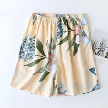 Готини и удобни дишащи къси пижами от коприна Дамски къси панталони от вискоза с листа, тънки, свободни дамски летни сладки къси панталони