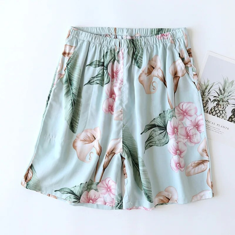 Lahedad ja mugavad hingavad rayon-lõikelised pidžaamapüksid Naistele Lilled Õhukesed lahtised viskoospüksid Naiste suvised armsad lühikesed püksid