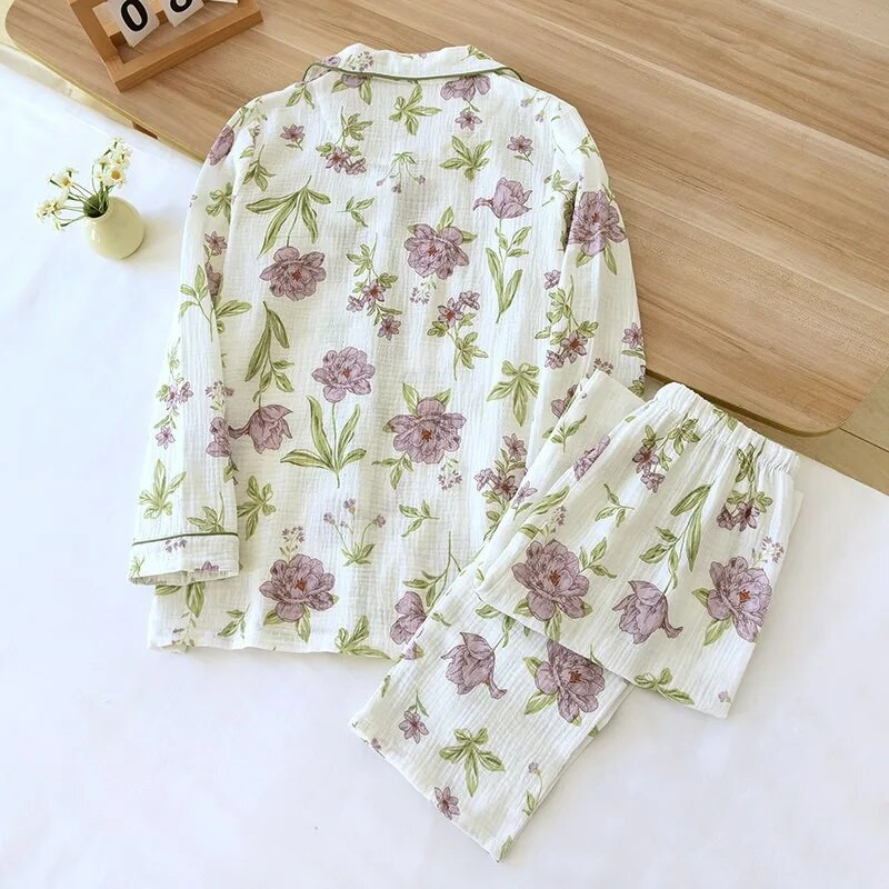2024. aasta sügisene puuvillane krepp naiste pidžaamad vabaaja pehmed lahtised magamisriided pikkade varrukatega püksid pidžaamakomplektid ööriiete 2-osaline komplekt