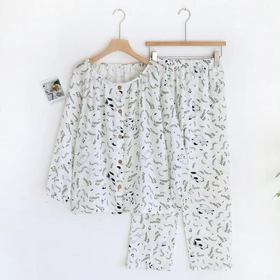 Jesen 2024. Pamučne dvostruke gaze pidžame dugih rukava za žene Opuštene i ležerne salonke veće veličine Pižame s okruglim izrezom