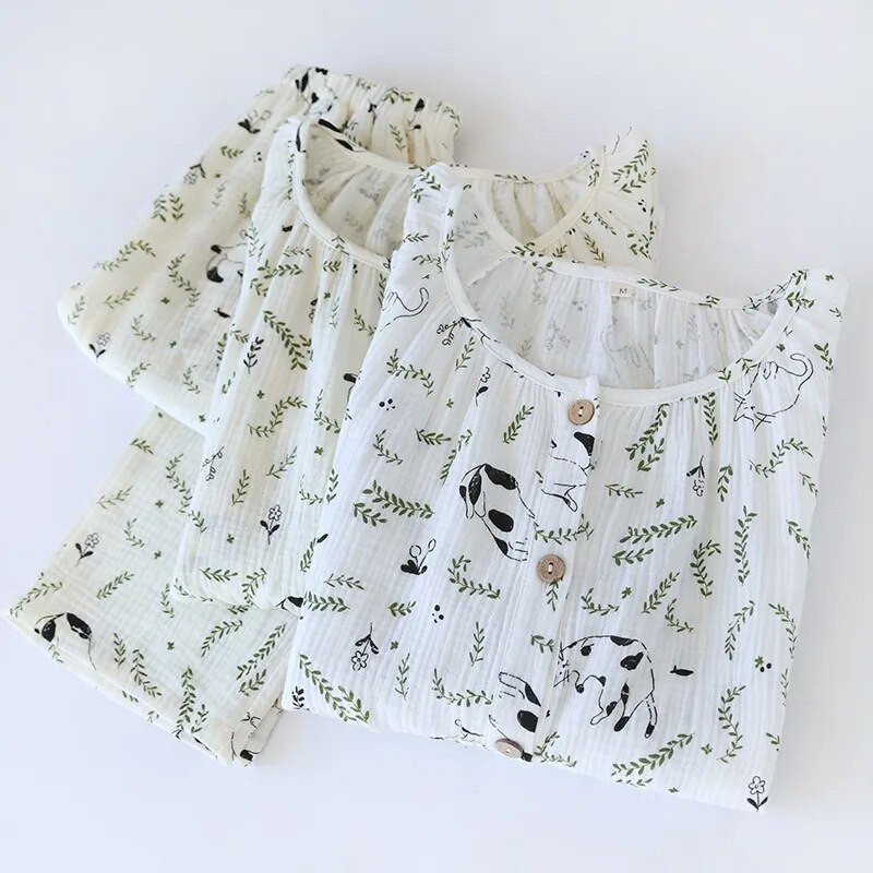 Jesen 2024. Pamučne dvostruke gaze pidžame dugih rukava za žene Opuštene i ležerne salonke veće veličine Pižame s okruglim izrezom