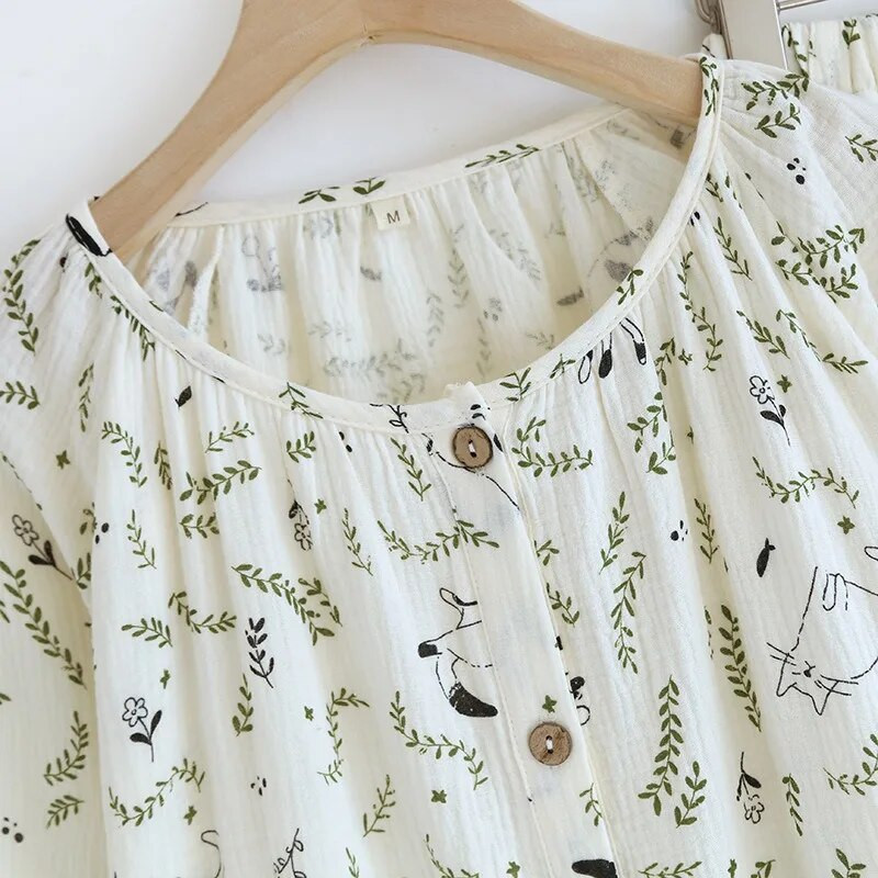 Jesen 2024. Pamučne dvostruke gaze pidžame dugih rukava za žene Opuštene i ležerne salonke veće veličine Pižame s okruglim izrezom