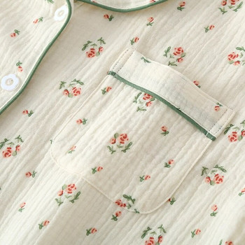 Пижами Дамска пижама от креп памук с дълги ръкави Костюм Жилетка с щампа на роза Спално облекло може да се носи извън дома Пижами