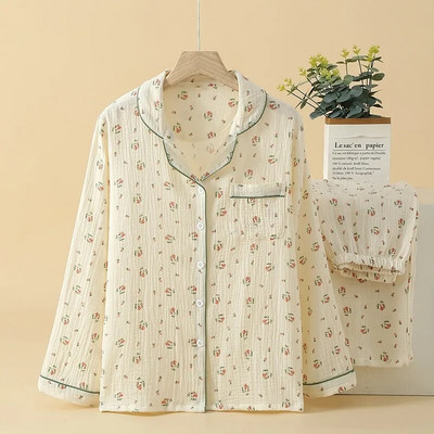 Pidžama Ženska krep pamučna pidžama s dugim rukavima Odijelo Kardigan s printom ruža Odjeća za spavanje može se nositi izvan kućne odjeće Pidžama