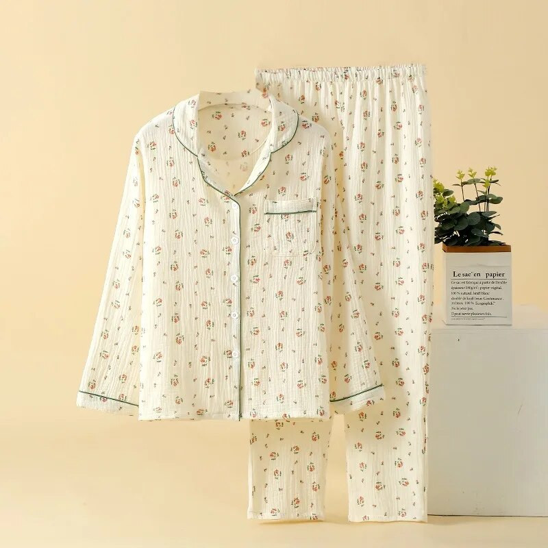 Pidžama Ženska krep pamučna pidžama s dugim rukavima Odijelo Kardigan s printom ruža Odjeća za spavanje može se nositi izvan kućne odjeće Pidžama