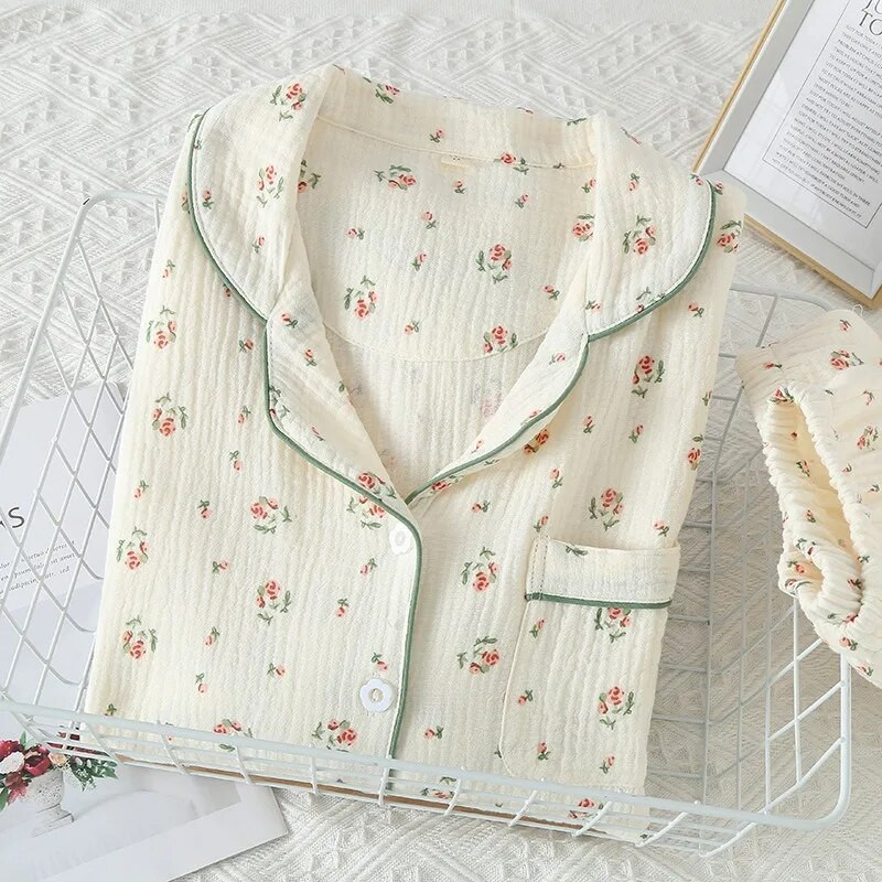 Pidžama Ženska krep pamučna pidžama s dugim rukavima Odijelo Kardigan s printom ruža Odjeća za spavanje može se nositi izvan kućne odjeće Pidžama