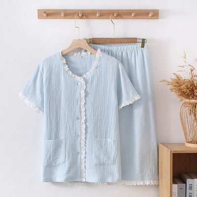 Proljeće/ljeto 2023. Novi ženski komplet pidžama 100% pamuk kratkih rukava + Capris dvodijelni set za kućne salonke s V-izrezom od čipke