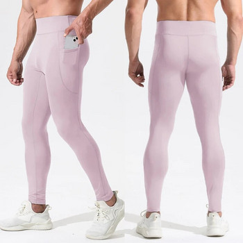 Компресионни клинове Спортен чорапогащник С джобове Фитнес панталони с висока талия Мъжки розови дишащи еластични голи безшевни панталони