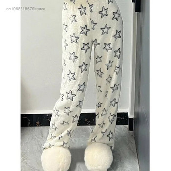 Нови корейски пижамни панталони с принт на звезди Y2k Дамски зимни фланелени естетични свободни домашни панталони Меки удебелени плюшени ежедневни панталони