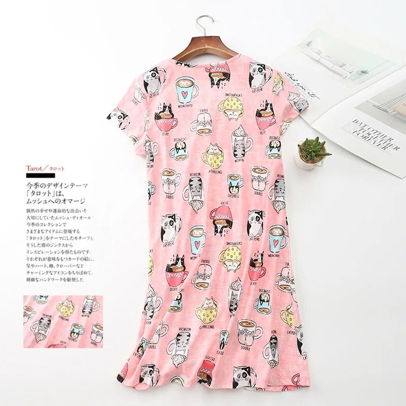 Megzti trumpomis rankovėmis medvilniniai naktiniai marškinėliai mielas animacinių filmų spausdinimas namuose, moteriški didelio dydžio naktiniai marškinėliai pižama miegui