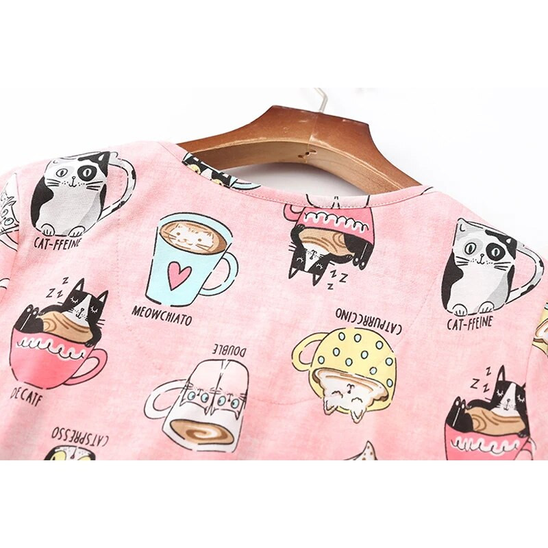 Megzti trumpomis rankovėmis medvilniniai naktiniai marškinėliai mielas animacinių filmų spausdinimas namuose, moteriški didelio dydžio naktiniai marškinėliai pižama miegui