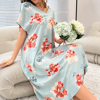 Нощници Дамски флорални елегантни спални ризи с къс ръкав с флорално деколте Сладка дишаща мека модна женствена дълга нощница в корейски стил