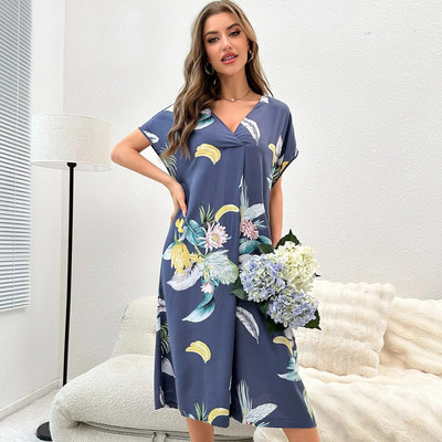 Naiste öösärgid, lillelised, elegantsed V-kaelusega lühikeste varrukatega magamissärgid, magusad hingavad pehmed korea stiilis mood naiste pikad öösärgid