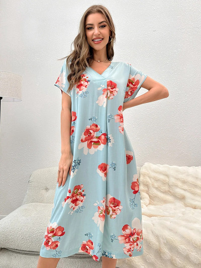 Naiste öösärgid, lillelised, elegantsed V-kaelusega lühikeste varrukatega magamissärgid, magusad hingavad pehmed korea stiilis mood naiste pikad öösärgid