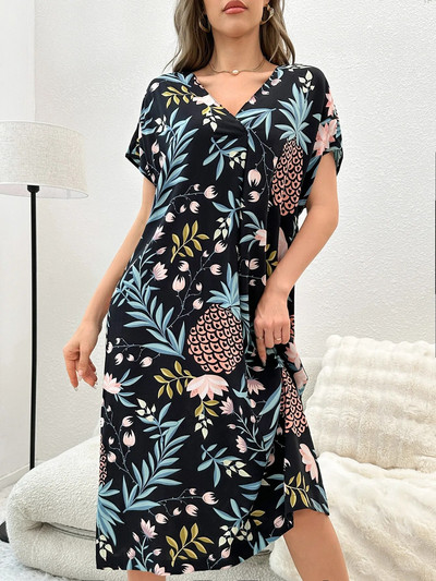 Naiste öösärgid, lillelised, elegantsed V-kaelusega lühikeste varrukatega magamissärgid, magusad hingavad pehmed korea stiilis mood naiste pikad öösärgid