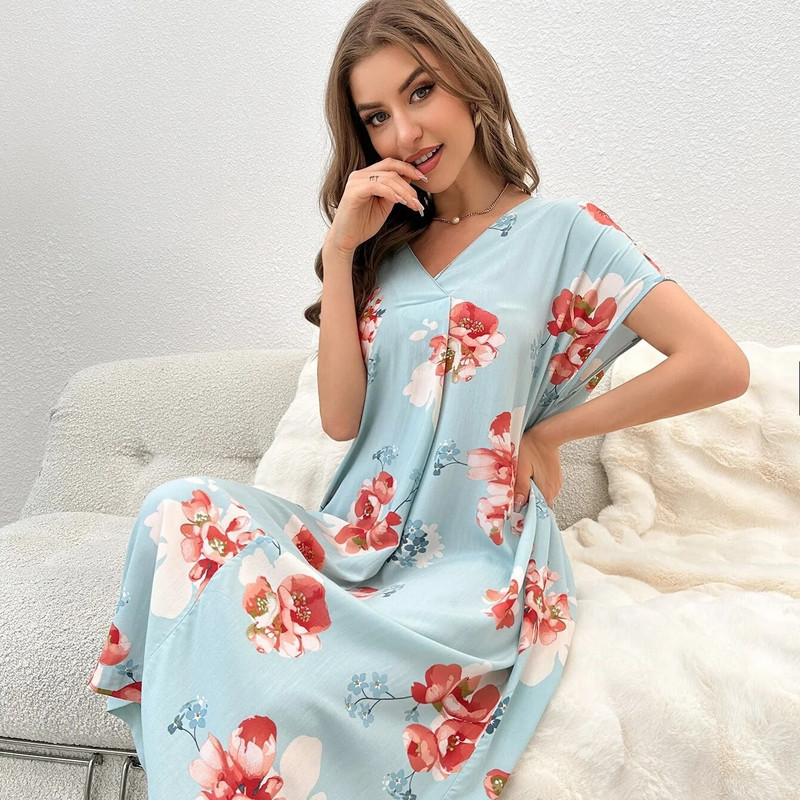 Naiste öösärgid, lillelised, elegantsed V-kaelusega lühikeste varrukatega magamissärgid, magusad hingavad pehmed korea stiilis mood naiste pikad öösärgid