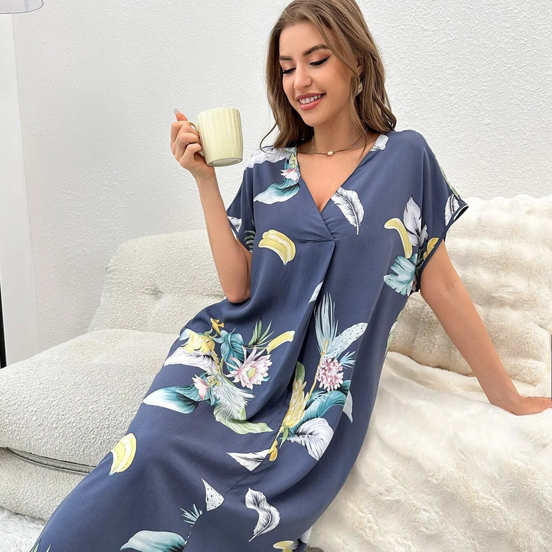 Naiste öösärgid, lillelised, elegantsed V-kaelusega lühikeste varrukatega magamissärgid, magusad hingavad pehmed korea stiilis mood naiste pikad öösärgid