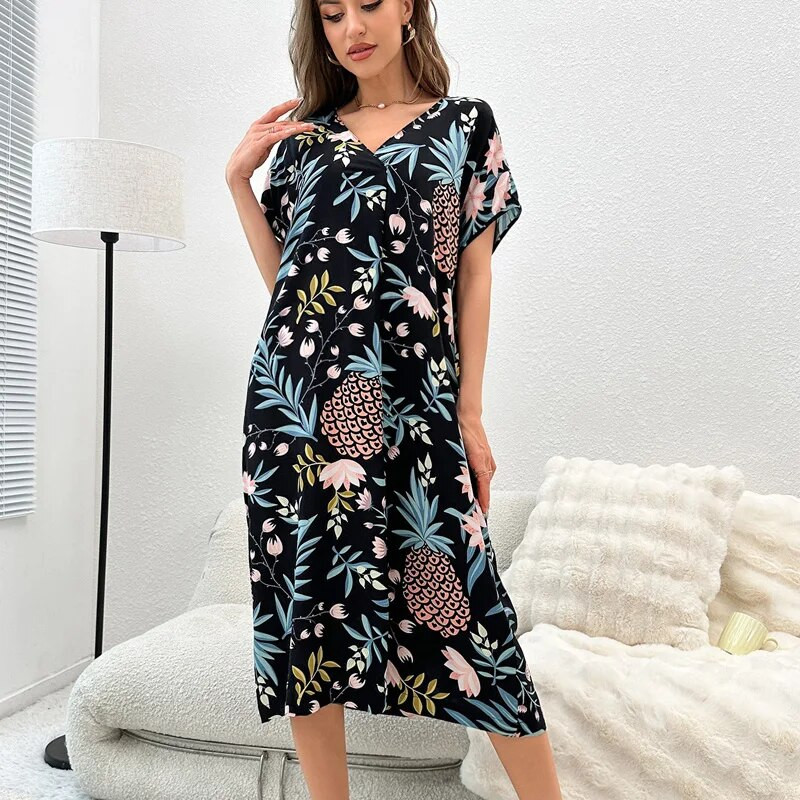 Naiste öösärgid, lillelised, elegantsed V-kaelusega lühikeste varrukatega magamissärgid, magusad hingavad pehmed korea stiilis mood naiste pikad öösärgid