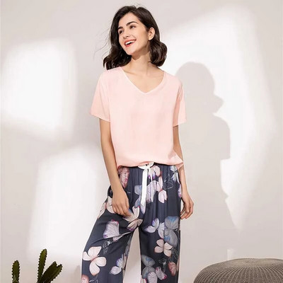 2023. aasta suvi, uued naiste V-kaelusega lehtedega trükitud pidžaamakomplekt Naiste mugavus, lihtsas stiilis magamisriided lahtised pehmed vabaajarõivad kodurõivad