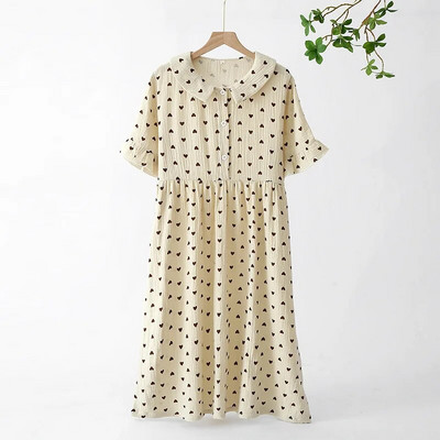 Širdelės rašto naktiniai moteriški minkšti, patogūs ploni vasariniai krepinės medvilnės mieguisti Ilgi naktiniai marškinėliai Saldūs namų drabužiai Moterų poilsio salonas