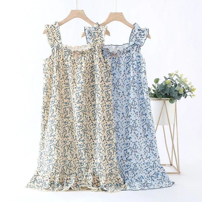 Suvine uus armas stiil tüdruk Värske lilleline Sling Öösärk õhukese lõiguga puhtast puuvillast marli armas printsess koduteeninduse öösärk