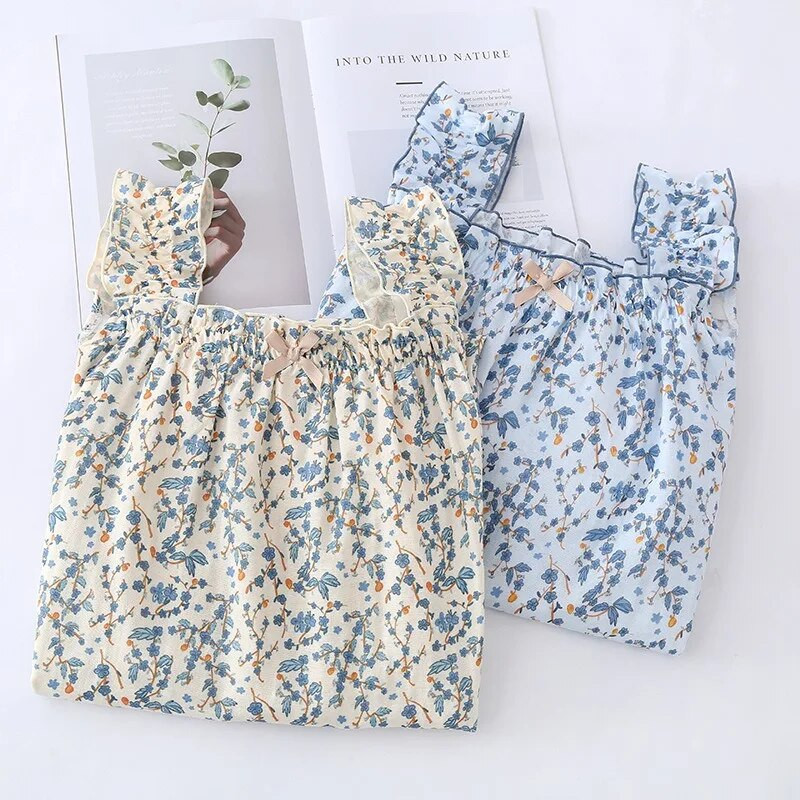 Suvine uus armas stiil tüdruk Värske lilleline Sling Öösärk õhukese lõiguga puhtast puuvillast marli armas printsess koduteeninduse öösärk