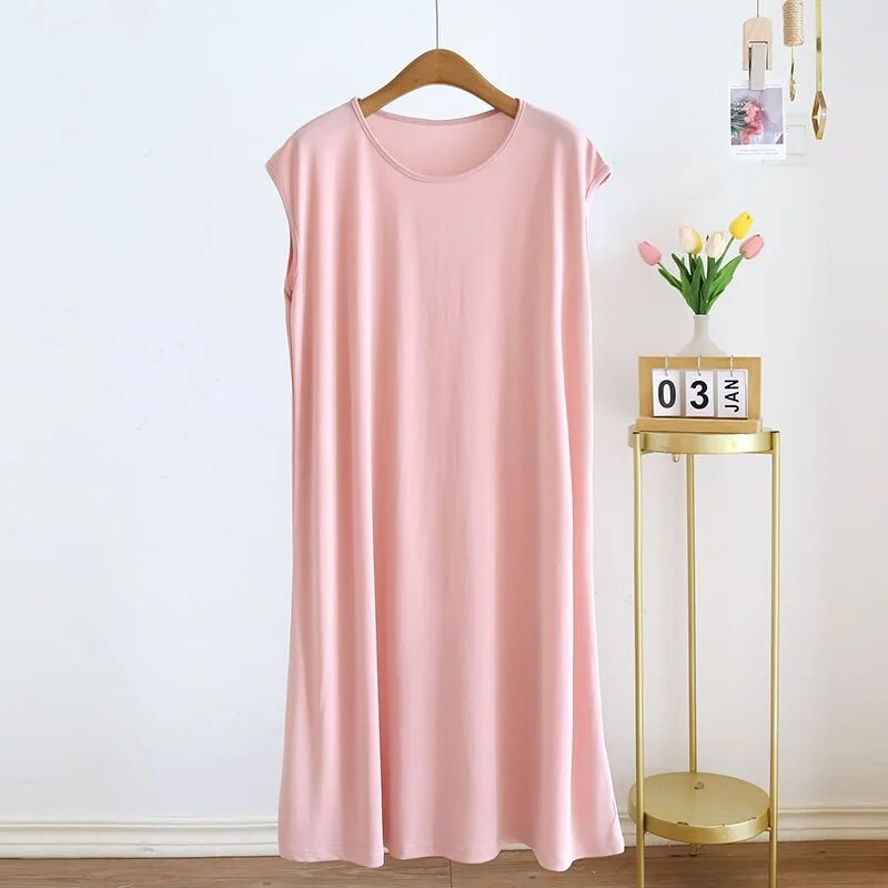 Ženska spavaćica bez rukava od 100% viskoze. Cool, široka, tanka ljetna kućna suknja s okruglim izrezom, jednobojna ljetna ležerna haljina