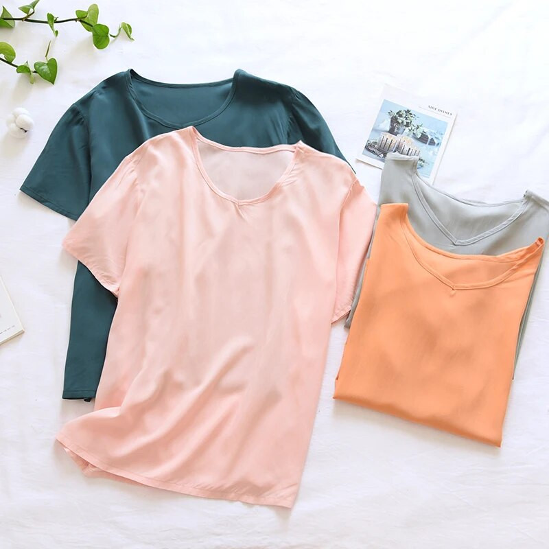 Kevadsuvi uued naiste magamisriided Mugavus puuvillane satiin ümarkraega ülaosa ühevärviline naiste avara lühikeste varrukatega T-särk suveks
