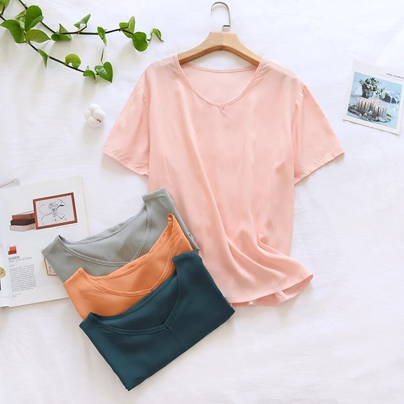 Kevadsuvi uued naiste magamisriided Mugavus puuvillane satiin ümarkraega ülaosa ühevärviline naiste avara lühikeste varrukatega T-särk suveks