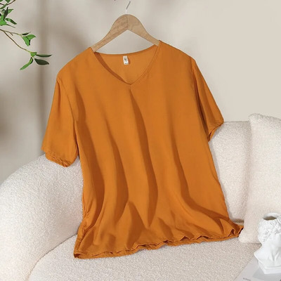 Suvised uued naiste pidžaamatopid Candy ühevärvilised viskoosist V-kaelusega Lihtne lahtine T-särk vabaaja õhuke koduteenindus Magusad magamisriided