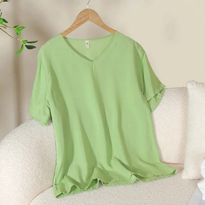 Suvised uued naiste pidžaamatopid Candy ühevärvilised viskoosist V-kaelusega Lihtne lahtine T-särk vabaaja õhuke koduteenindus Magusad magamisriided