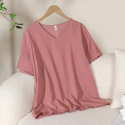 Suvised uued naiste pidžaamatopid Candy ühevärvilised viskoosist V-kaelusega Lihtne lahtine T-särk vabaaja õhuke koduteenindus Magusad magamisriided