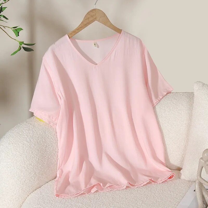Suvised uued naiste pidžaamatopid Candy ühevärvilised viskoosist V-kaelusega Lihtne lahtine T-särk vabaaja õhuke koduteenindus Magusad magamisriided