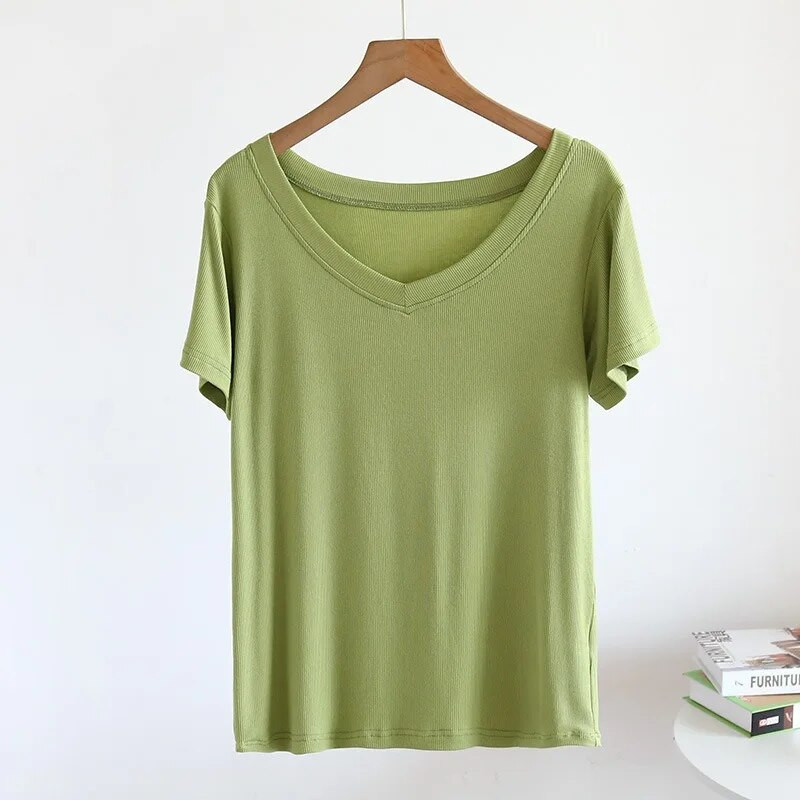 Vasaros naujos moteriškos pižamos Vienspalviai Modaliniai V formos iškirptės trumpomis rankovėmis Paprasti marškinėliai kasdieniai apačią didinanti namų paslauga Didelio dydžio