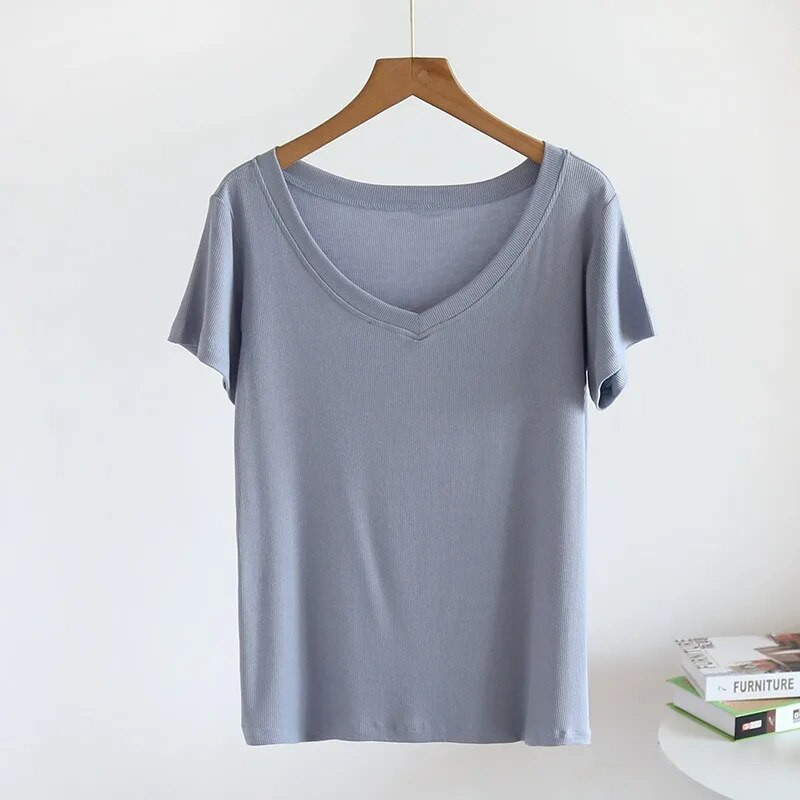 Vasaros naujos moteriškos pižamos Vienspalviai Modaliniai V formos iškirptės trumpomis rankovėmis Paprasti marškinėliai kasdieniai apačią didinanti namų paslauga Didelio dydžio