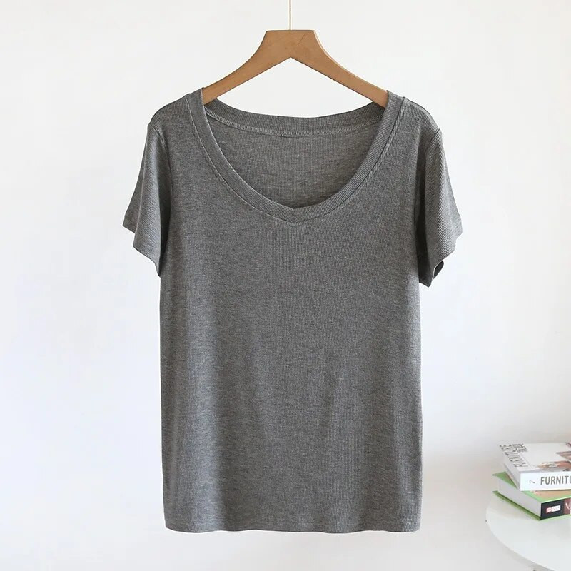 Vasaros naujos moteriškos pižamos Vienspalviai Modaliniai V formos iškirptės trumpomis rankovėmis Paprasti marškinėliai kasdieniai apačią didinanti namų paslauga Didelio dydžio