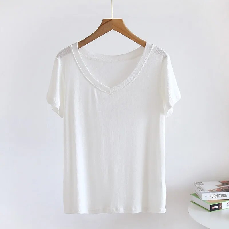 Vasaros naujos moteriškos pižamos Vienspalviai Modaliniai V formos iškirptės trumpomis rankovėmis Paprasti marškinėliai kasdieniai apačią didinanti namų paslauga Didelio dydžio