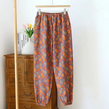 2023 Нови пролетни и летни дамски пижами от 100% памучен креп панталон Дамски удобни широки домашни панталони с големи листа Тънко долнище