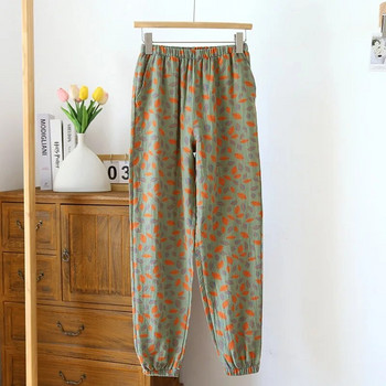 2023 Нови пролетни и летни дамски пижами от 100% памучен креп панталон Дамски удобни широки домашни панталони с големи листа Тънко долнище