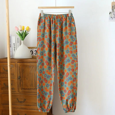 2023. aasta uued kevadsuvi naiste pidžaamad, 100% puuvillased krepppüksid naiste mugavad lahtised suurte lehtedega kodupüksid õhukesed põhjad