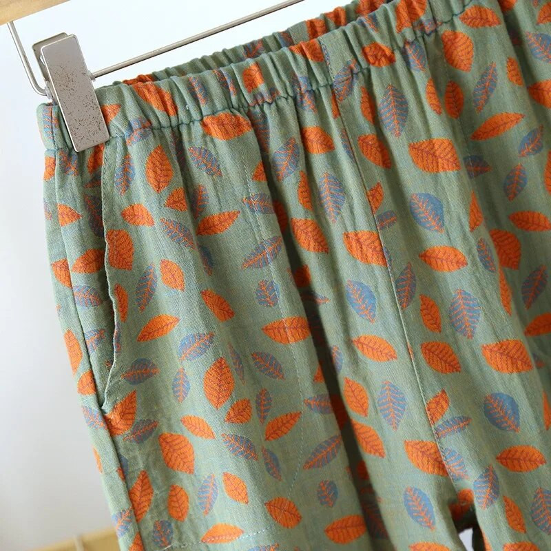 2023. aasta uued kevadsuvi naiste pidžaamad, 100% puuvillased krepppüksid naiste mugavad lahtised suurte lehtedega kodupüksid õhukesed põhjad