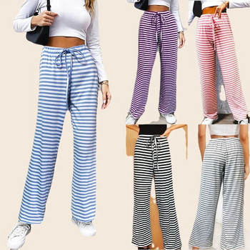 Дамски памучни дълги пижамни панталони - меко и удобно спално облекло с шнур на талията, секси дизайн на райе, летен ежедневен стил