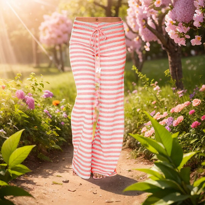 Pantaloni lungi de pijama din bumbac pentru femei - Imbracaminte moale si confortabila cu talie cu cordon, design cu dungi sexy, stil casual de vara