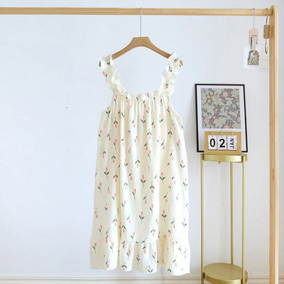 Naiste suvine lõng Puhaspuuvillane õhuke sukkadega öösärk lahti keskmise pikkusega armas armas pikk kodukleit Seksikas camisole öösärk