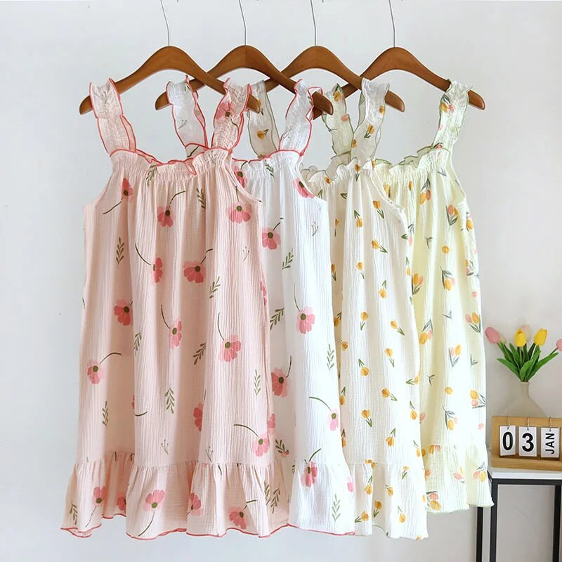 Naiste suvine lõng Puhaspuuvillane õhuke sukkadega öösärk lahti keskmise pikkusega armas armas pikk kodukleit Seksikas camisole öösärk